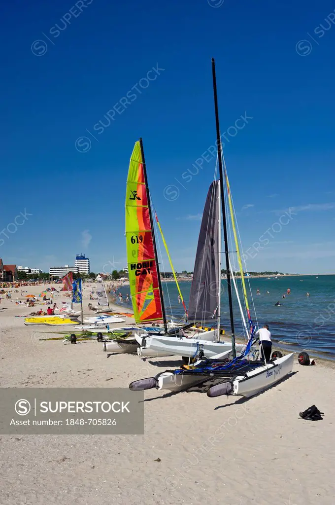 Catamaran on the beach, Groemitz, Baltic Sea, Schleswig-Holstein, Germany, Europe