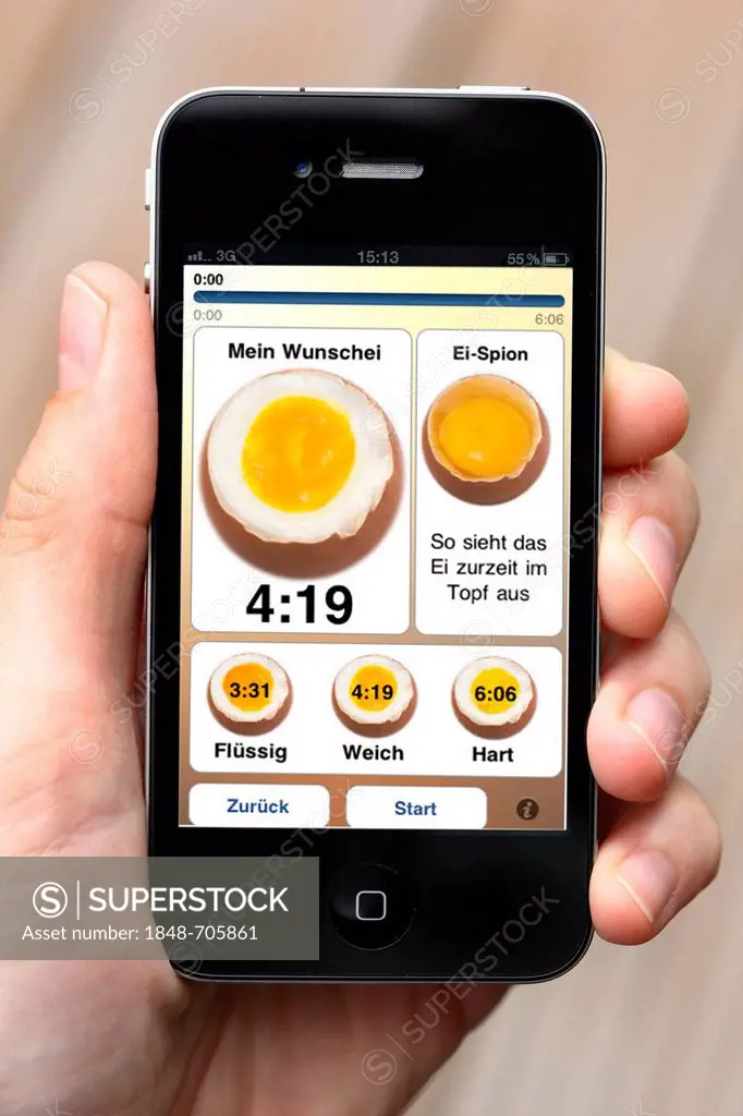 Iphone, smart phone, app on the screen, egg timer for different kinds of boiled eggs
