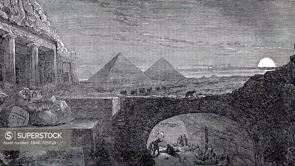 Pyramids and catacombs with mummies at night, Cairo, Egypt, historic engraving from 19th Century, from book of I Solskin Hjemmet, Ung og Gammel, Battl...