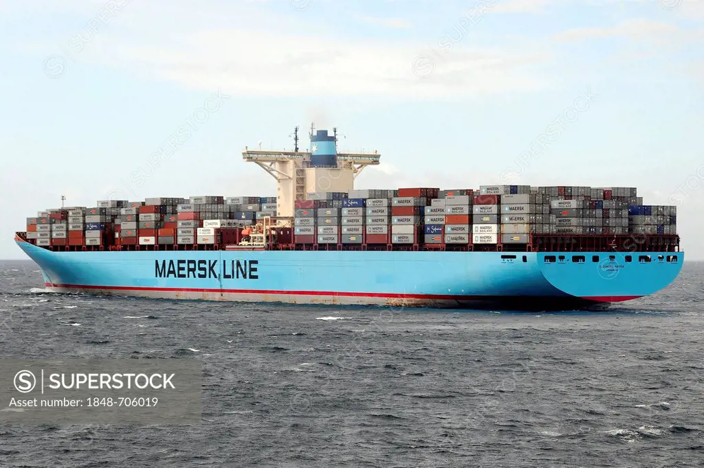 Eleonora Maersk, container ship, built in 2006, 398m, close to Gibraltar, Morocco, Africa