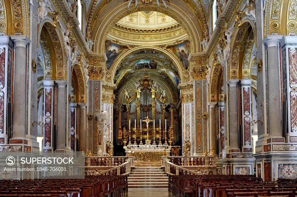 Nave with the altar of the Basilica Cathedral of the Benedictine abbey of Montecassino, Monte Cassino, Cassino, Lazio, Italy, Europe