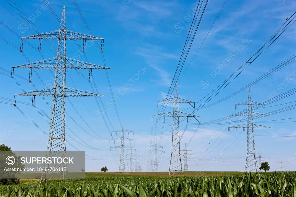 Electricity pylons on a corn field, Baden-Wuerttemberg, Germany, Europe, PublicGround
