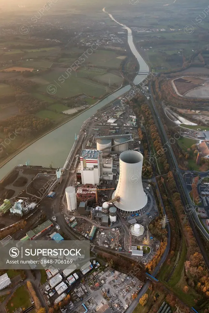 Aerial view, Trianel coal power plant, Luenen, Datteln-Hamm Canal, Ruhr area, North Rhine-Westphalia, Germany, Europe
