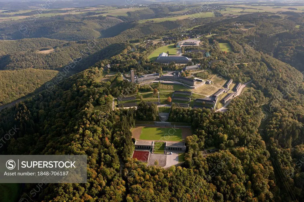 Aerial view, Ordensburg Vogelsang, a former national socialist estate on Urfttalsperre dam, Euskirchen, Eifel mountain range, North Rhine-Westphalia, ...