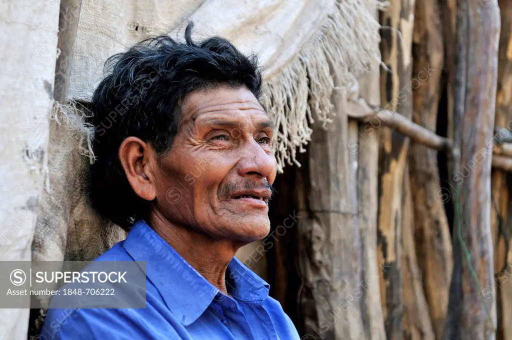 Portrait of a cacique, community leader, from the Wichi Indians tribe, 60 years, community of San José, Gran Chaco, Salta, Argentina, South America