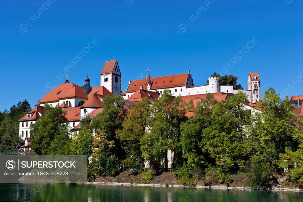 The monastery of St. Mang, a former Benedictine monastery in the diocese of Augsburg, Lech river, Fuessen, Ostallgaeu, Allgaeu, Swabia, Bavaria, Germa...
