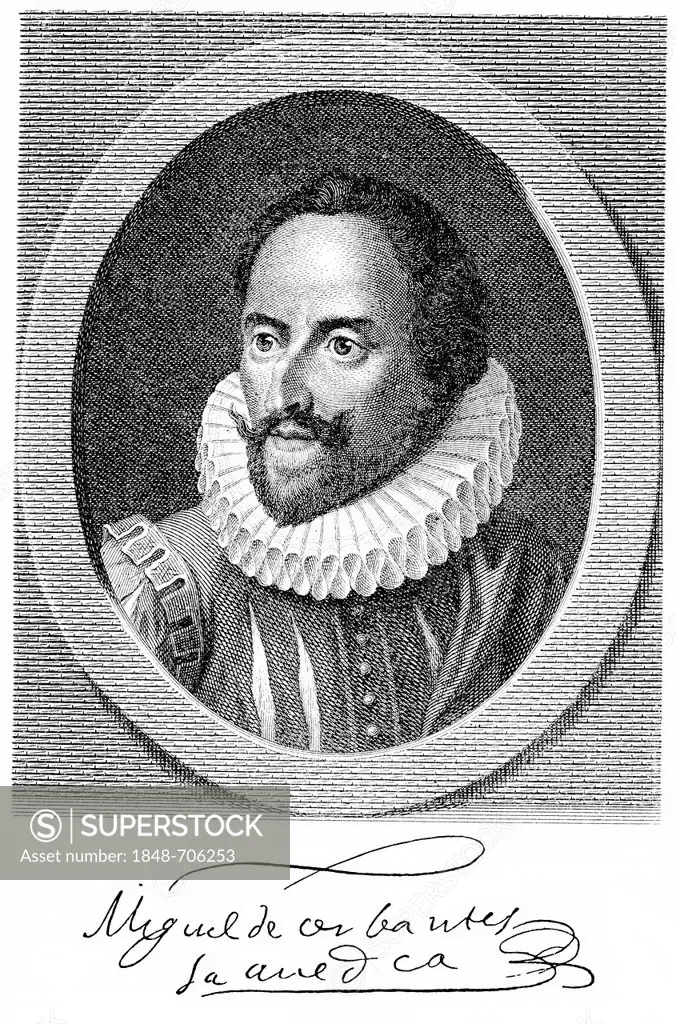 Historical engraving from 19th Century, portrait of Miguel de Cervantes Saavedra, 1547-1616, Spanish writer
