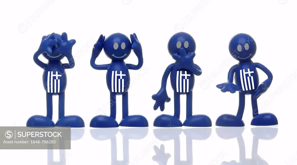 Blue figures with Greek flags, one seeing nothing, one hearing nothing, one saying nothing and one holding out its hand, symbolic image for the bailou...