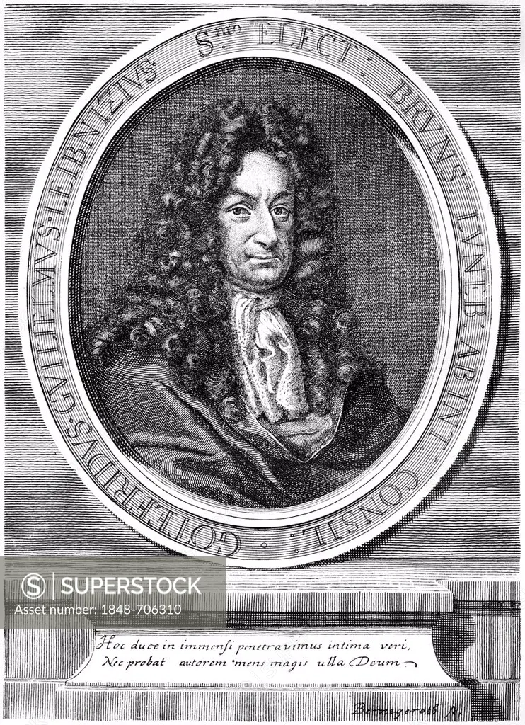 Historic engraving, copper engraving, portrait of Gottfried Wilhelm Leibnitz, 1646 - 1716, German philosopher, scientist, mathematician, diplomat, phy...