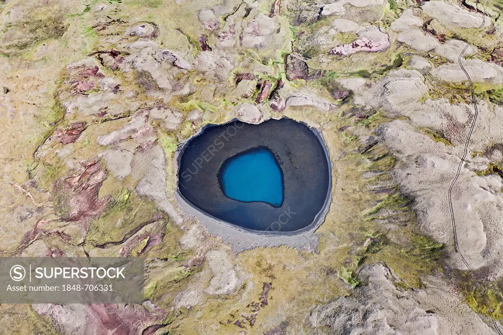 Aerial view, a blue crater lake surrounded by moss-covered mountains, southern coast of Iceland, Iceland, Europe