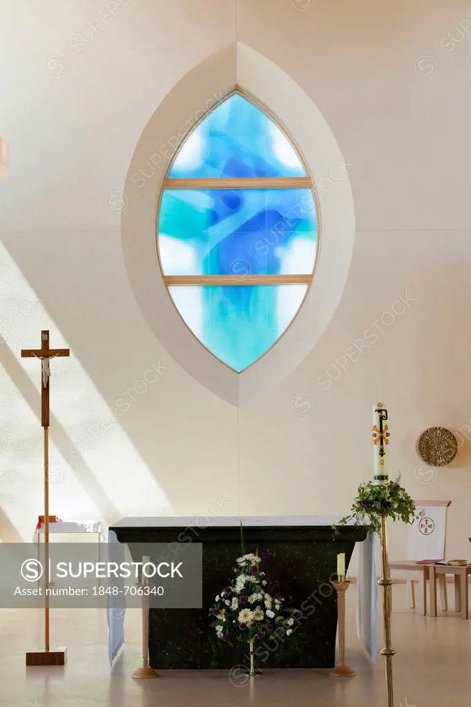 Stained glass window, Sacred Heart Church, interior of modern church, Waterlooville, Hampshire, England, United Kingdom, Europe