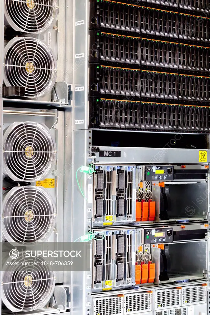 Server, data archive, Bladeserver, with fans, produced by IBM, a technology and consulting corporation, CeBIT international computer expo, Hannover, L...