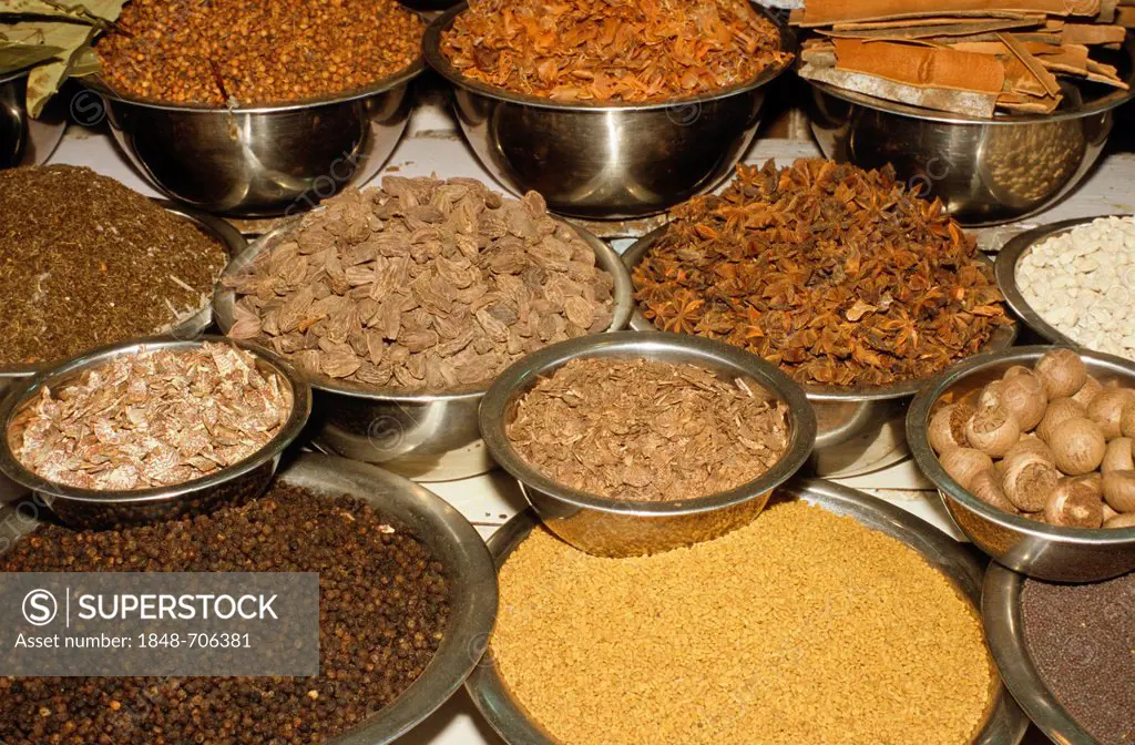 Spices and herbs, for sale in the streets of New Delhi, India, Asia