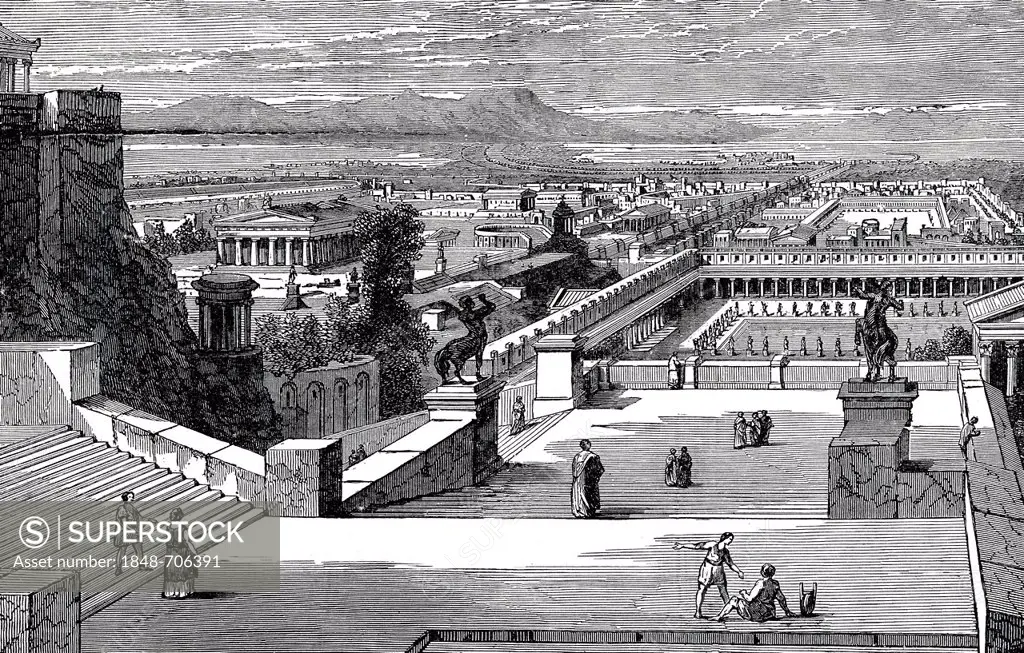 Cityscape of Corinth with temples, Greece, historic engraving from 19th Century, from book of I Solskin Hjemmet, Ung og Gammel, Battle Creek, Michigan...