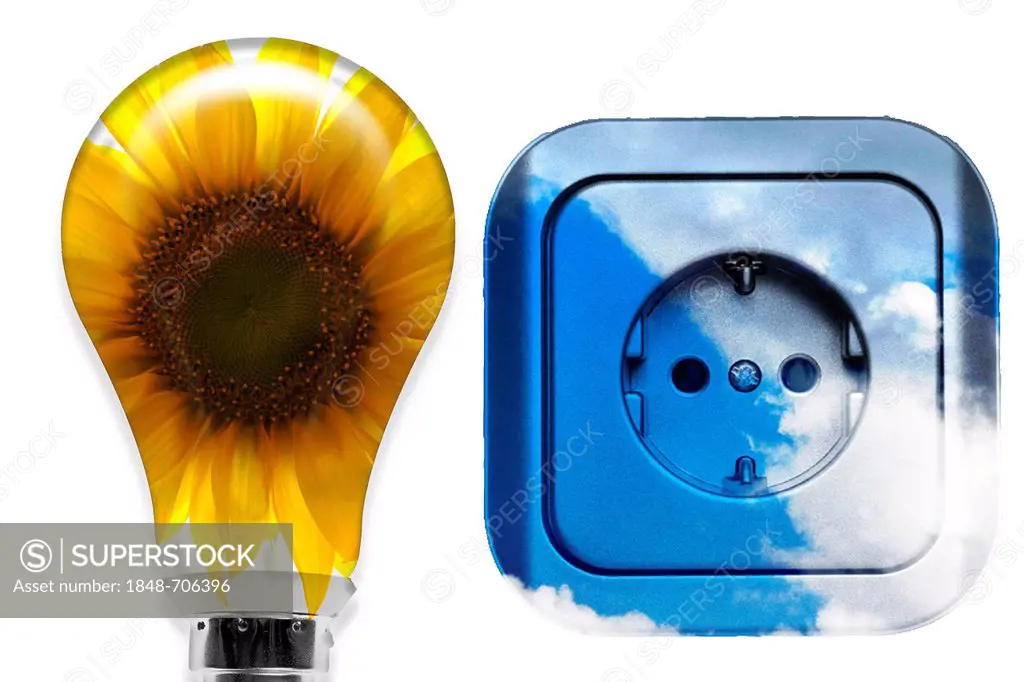 Illustration, socket and a light bulb, symbolic image for renewable energy