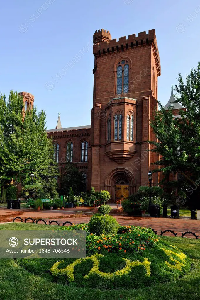 View from the Enid A. Haupt Garden to the Smithsonian Institution Building, admin building and museum, commonly known as The Castle, National Mall, Wa...