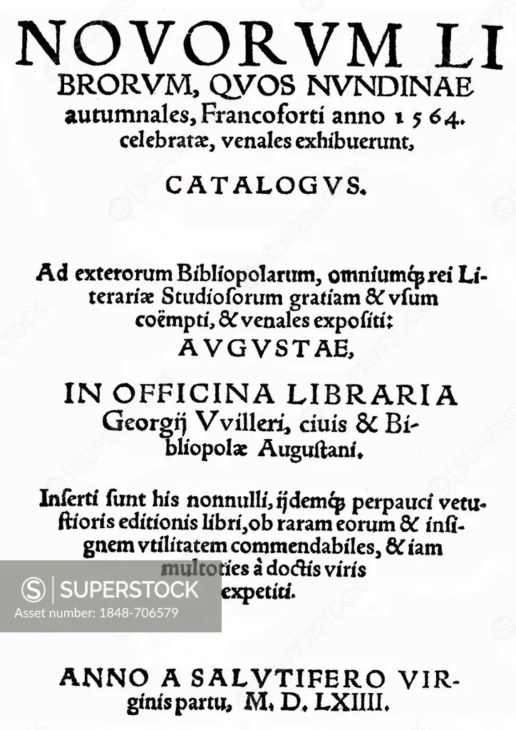 Historic print, 1551, front page of the fair catalogue of Frankfurt Book Fair 1564, from Bildatlas zur Geschichte der Deutschen Nationalliteratur, an ...