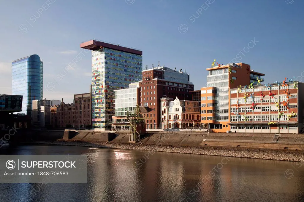 Modern and colourful architecture at MedienHafen harbour, Duesseldorf, state capital, Rhineland, North Rhine-Westphalia, Germany, Europe, PublicGround