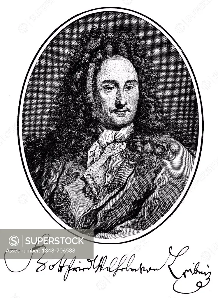 Historic print, copper engraving, portrait of Gottfried Wilhelm Leibniz, 1646 - 1716, a German philosopher, scientist, mathematician, diplomat, physic...