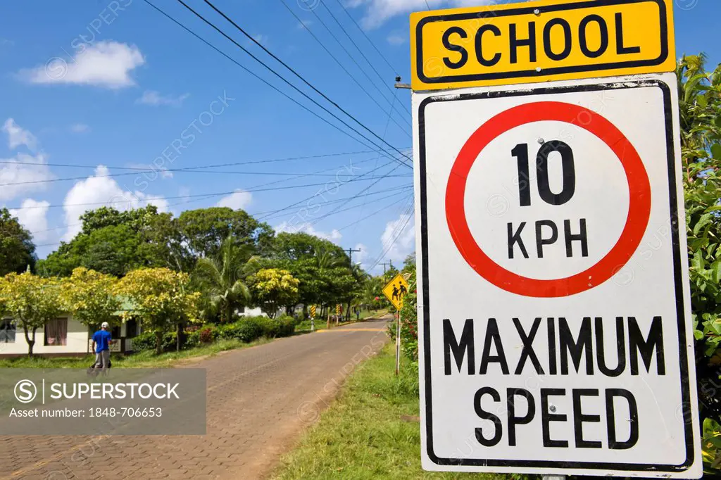 English-language road signs in front of a school, Big Corn Island, Caribbean Sea, Nicaragua, Central America