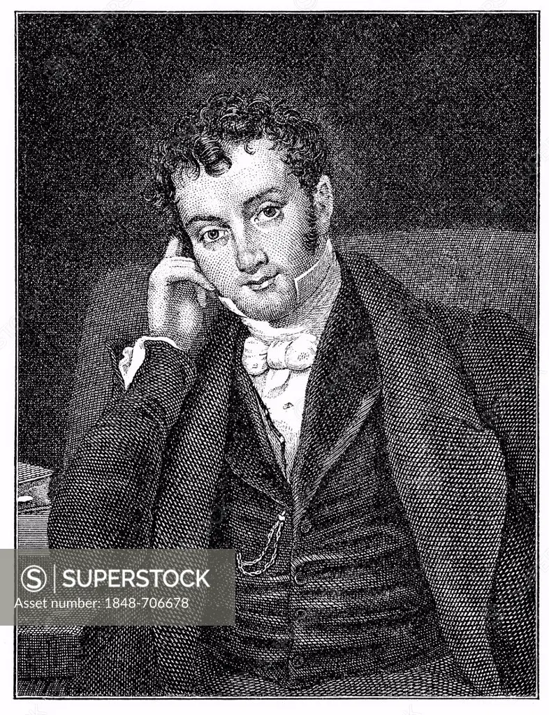 Historical engraving from 19th Century, portrait of Washington Irving, 1783-1859, American writer