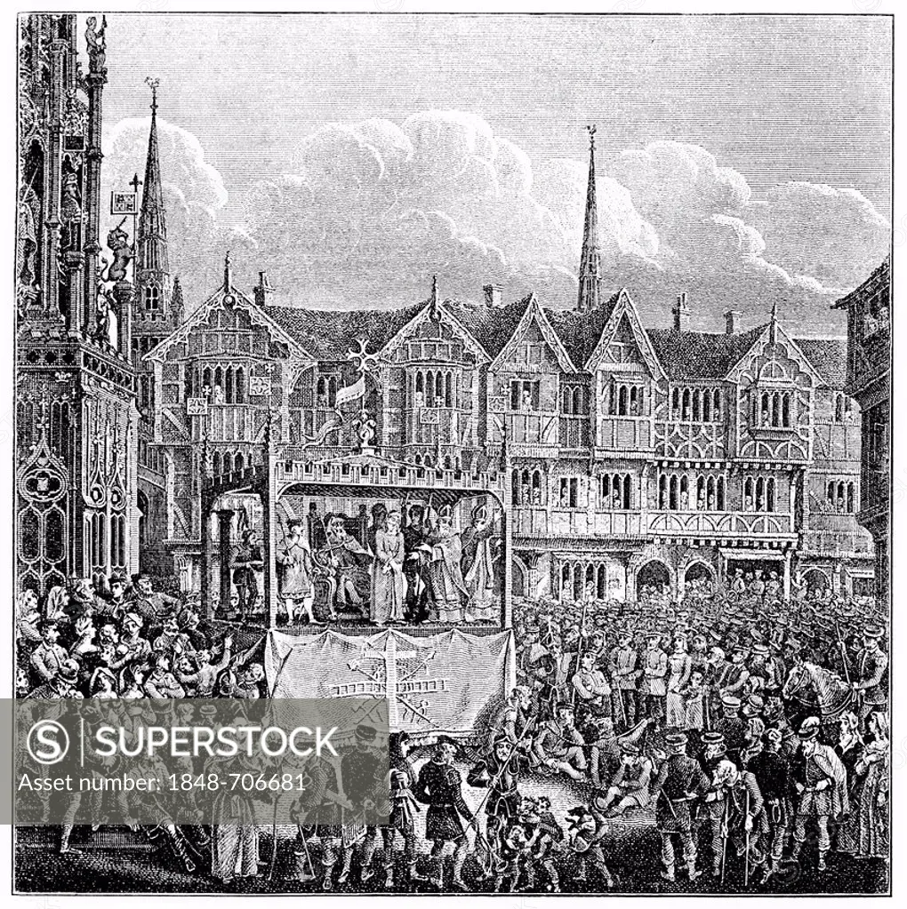 Historical engraving from the 19th Century, old English passion play or miracle performance, religious theatrical performance in a public space