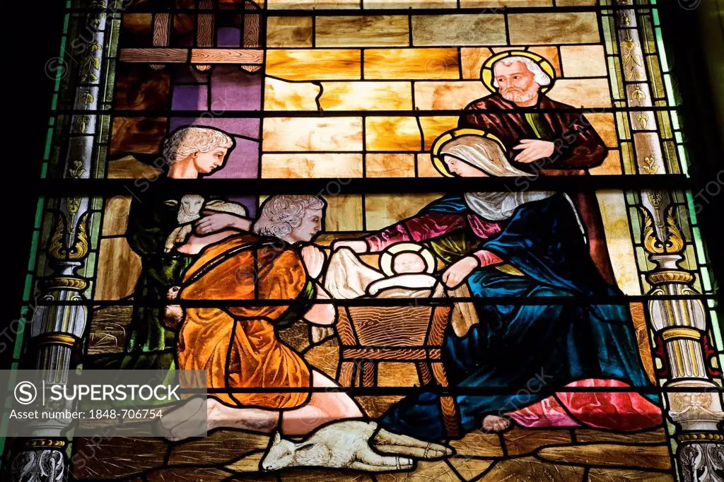 Stained glass window depicting a religious scene, Notre-Dame-de-Bonsecours Chapel, Old Montreal, Quebec, Canada