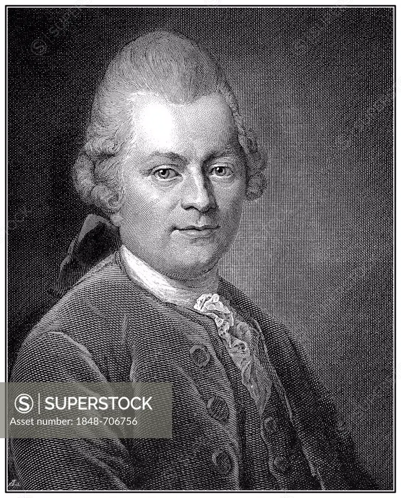 Historical illustration from the 19th century, portrait of Gotthold Ephraim Lessing, 1729 - 1781, a poet of the German Enlightenment
