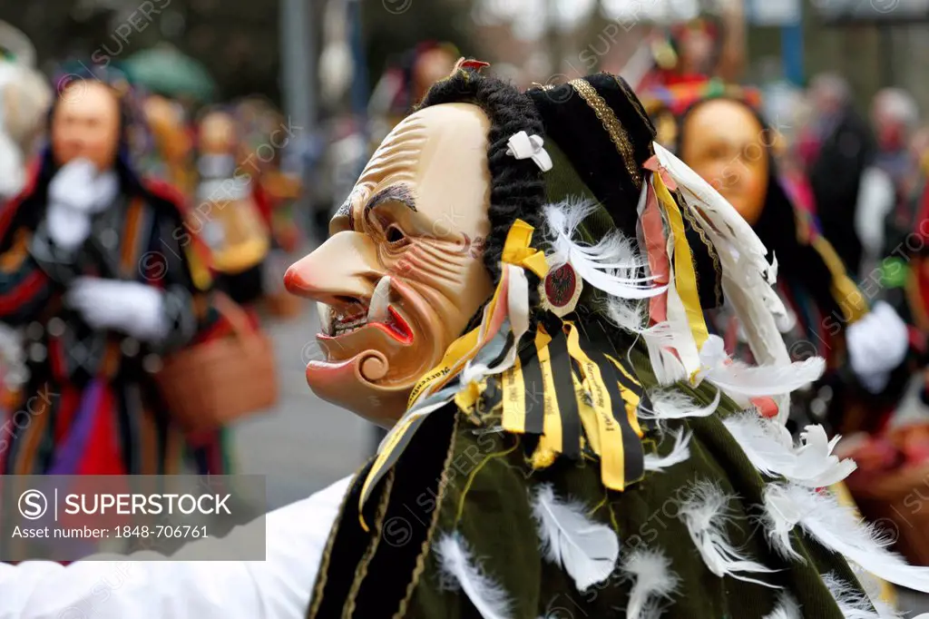 Federahannes, a naughty jester during the Narrensprung festival in Rottweil, Rottweiler Fasnet, Swabian-Alemannic carnival, Baden-Wuerttemberg, German...