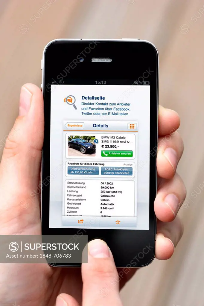 Iphone, smart phone, app on the screen, car market, buying a car