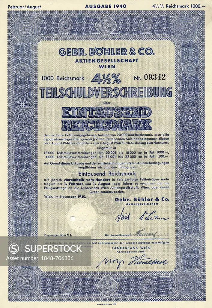 Historical share certificate, Gebr Boehler & Co AG, Vienna, debenture over 1000 Reichsmark, stainless and steel tool manufacturer, 1940, Vienna, Austr...