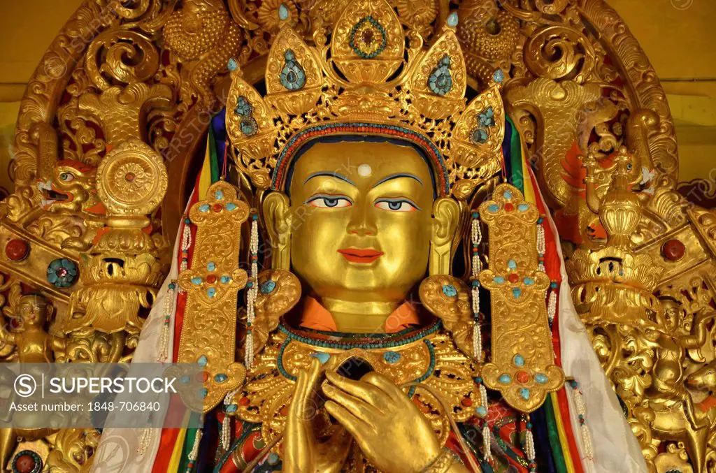 Tibetan Buddhism, illuminated Buddha figure, Reting Monastery, Mount Gangi Rarwa, Himalayas, Lhundrup County, central Tibet, Tibet, China, Asia