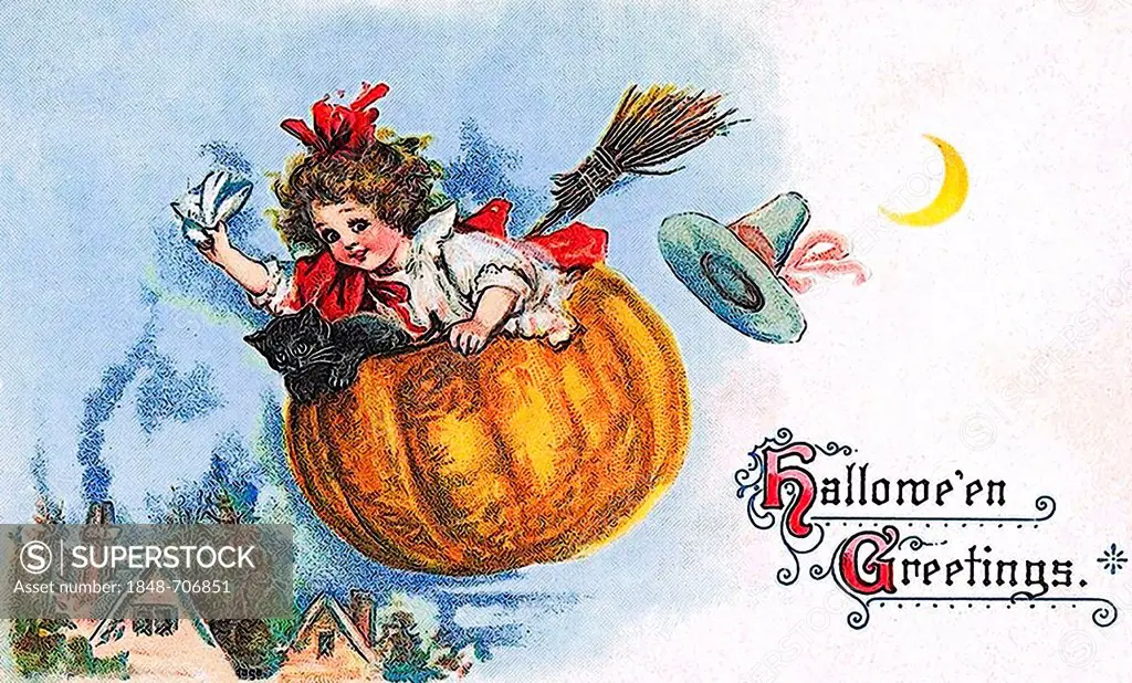 Girl in a flying pumpkin, Halloween Greetings, illustration