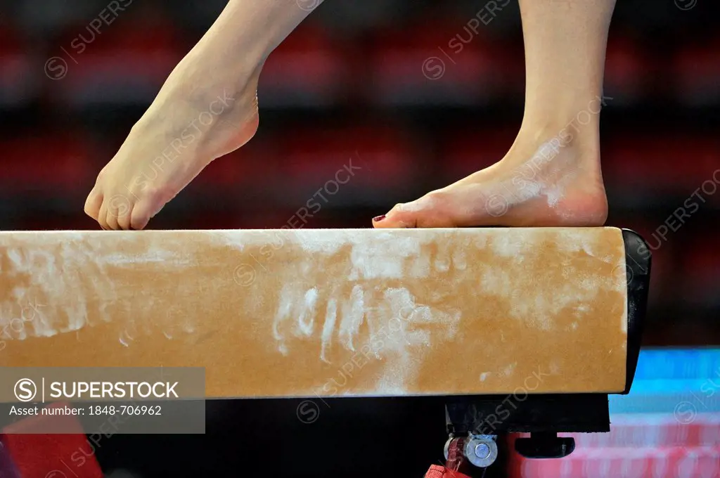 Feet on a balance beam, EnBW Gymnastics World Cup, 11 to 13 Nov 2011, 29th DTB Cup, Porsche-Arena, Stuttgart, Baden-Wuerttemberg, Germany, Europe
