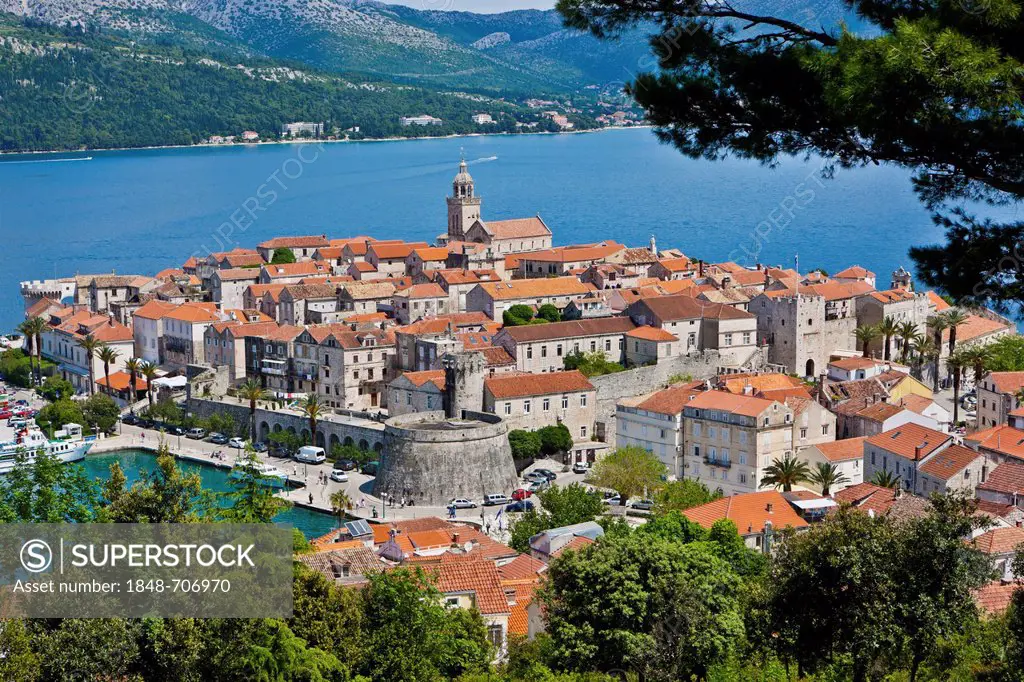 Overlooking the historic town centre of Korcula, Central Dalmatia, Dalmatia, Adriatic coast, Croatia, Europe, PublicGround