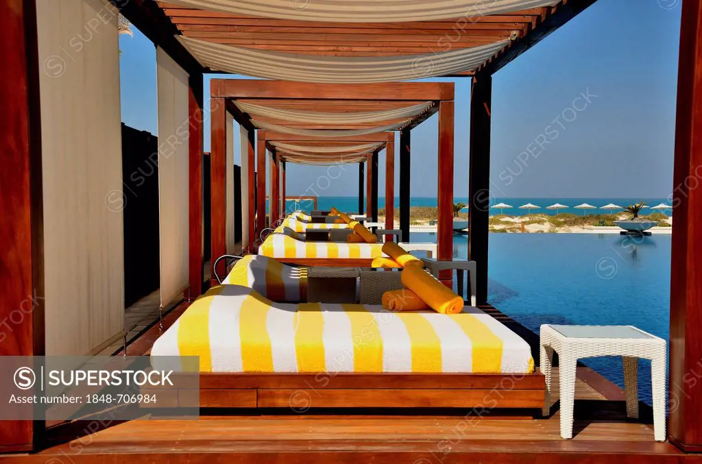 Swimming pool of the Monte Carlo Beach Club on Saadiyat Island, Abu Dhabi, United Arab Emirates, Arabian Peninsula, Asia