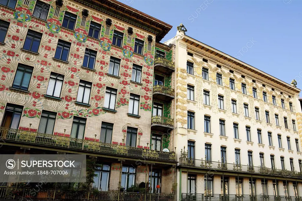 Majolikahaus, left, and golden floral decorations on the facade of a house, right, Art Nouveau, 1898, by Kolo Moser, Linke Wienzeile 38 and 40, Left V...