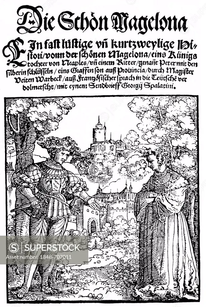 Historic print, woodcut, front page of a book called Die schoene Magelone, 1536, from Bildatlas zur Geschichte der Deutschen Nationalliteratur, an ill...