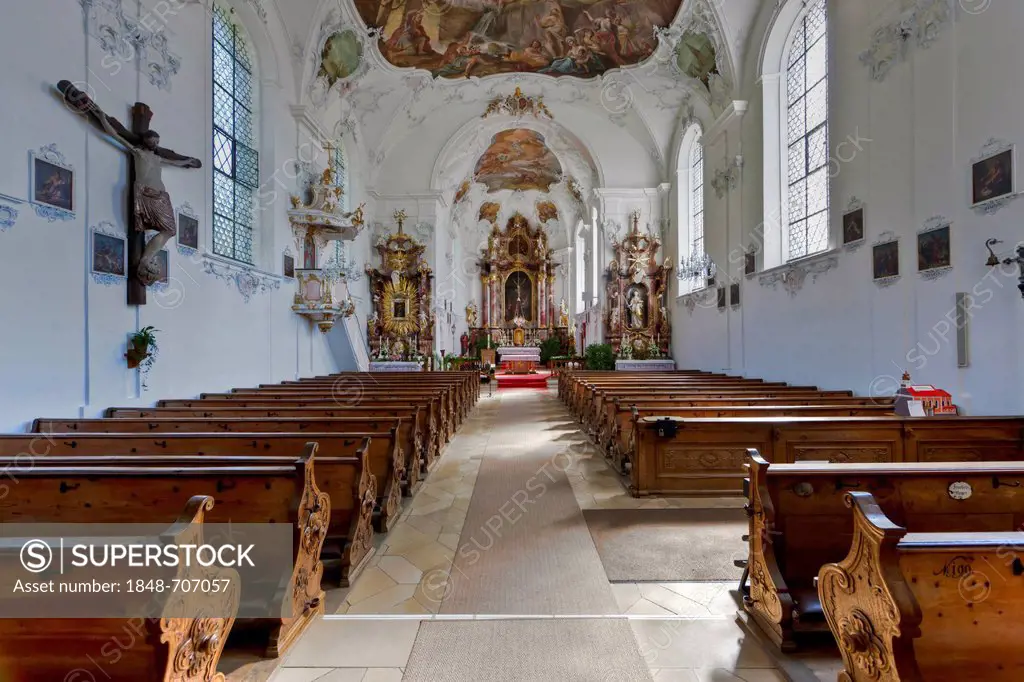 Interior view, monastery church, Kloster Wessobrunn Abbey, Pfaffenwinkel, Upper Bavaria, Bavaria, Germany, Europe