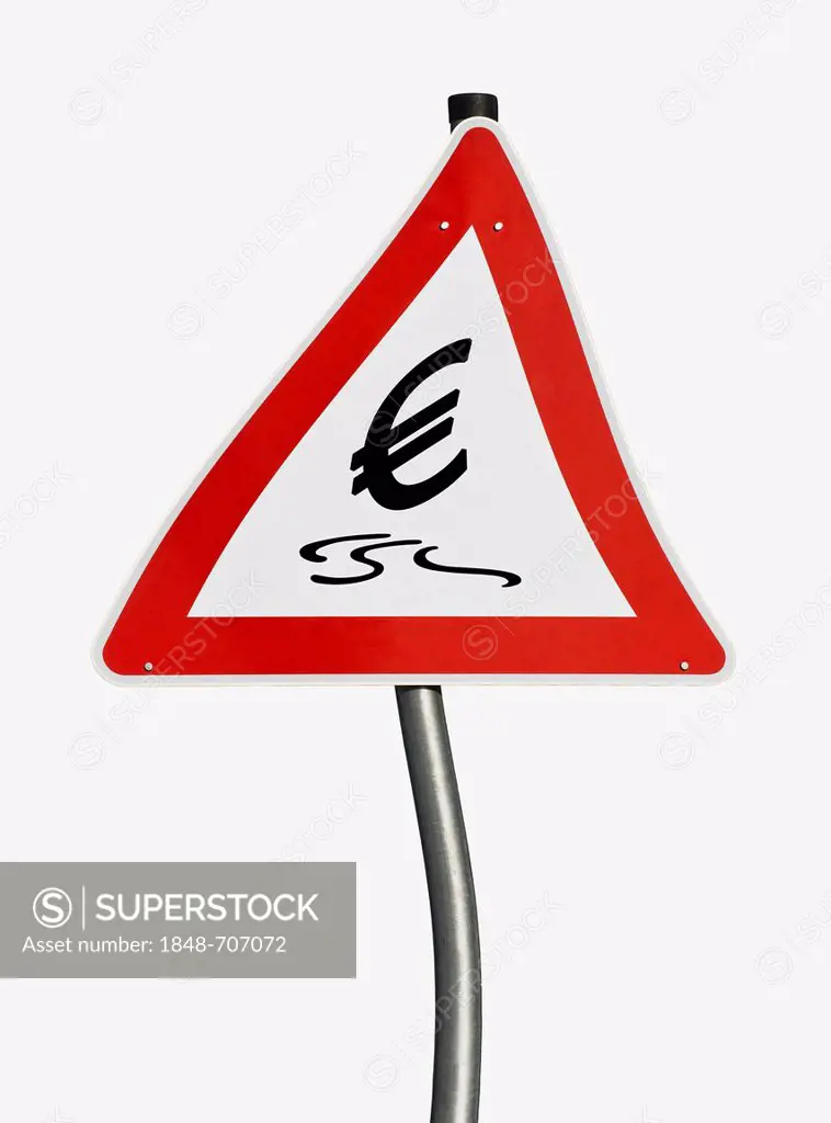 Distorted warning sign, skidding euro symbol, symbolic image of the currency crisis