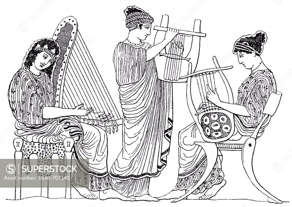 Historical engraving from the 19th Century, traditional drawing, Greek women with stringed instruments