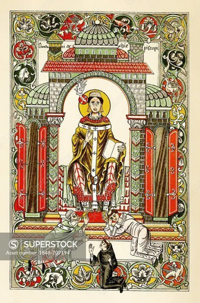 Historical print from the 19th century, Anglo_Saxon painting in a manuscript from the 11th century, St. Dunstan, Archbishop of Canterbury, ca. 909_988