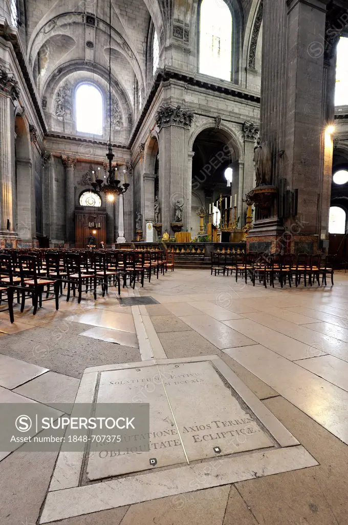 The brass rail marking the Meridian Line, Gnomon by Henry Sully at back, Catholic parish church of Saint-Sulpice de Paris, Saint-Germain-des-Prés, Par...