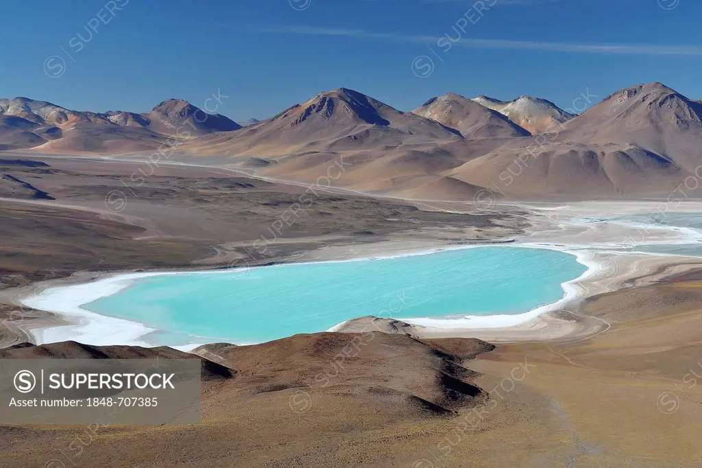 View from the Mt Licancabur volcano, 5970m, across the summit plain of the altiplano with Laguna Verde, border between Bolivia and Chile, South Americ...