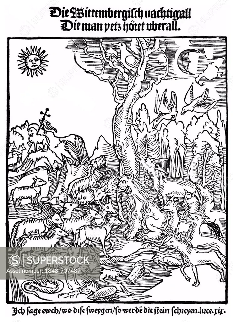 Historic print, woodcut from 1523, front page by Hans Sachs, 1494 - 1576, a Nuremberg poet, playwright and Meistersinger, from Bildatlas zur Geschicht...