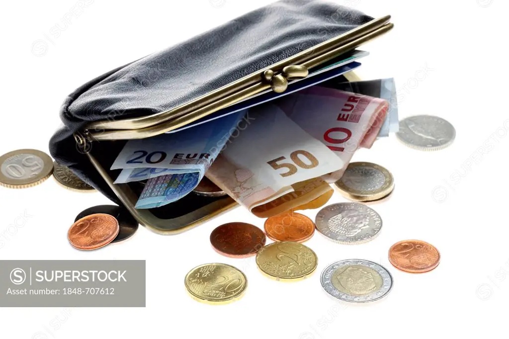 Wallet with euro banknotes, euro coins