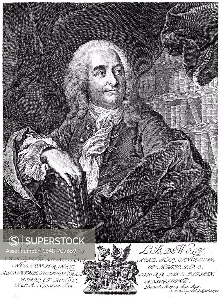 Historical engraving, 19th century, portrait of Christian Freiherr von Wolff or Chrétien Wolf, 1679 - 1754, German polymath, lawyer, mathematician and...