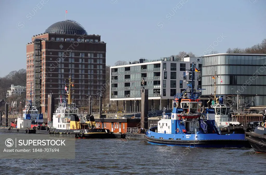Augustinum retirement home, office building and tug boats, Port of Hamburg, Altona, Hamburg, Germany, Europe