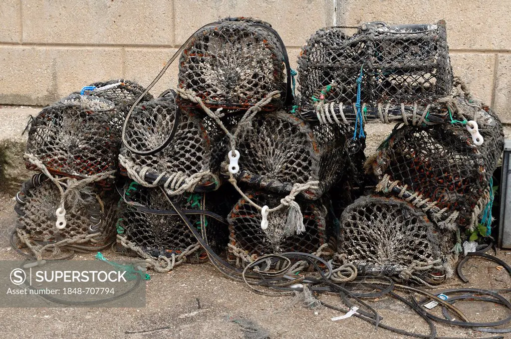 Lobster fishing baskets in the port of Newquay, Cornwall, England, United Kingdom, Europe