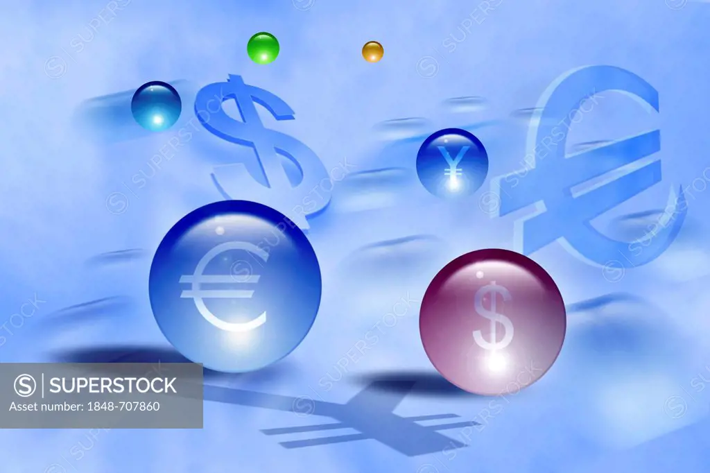 Crystal balls, currency signs for euro, Dollar, Yen, Illustration